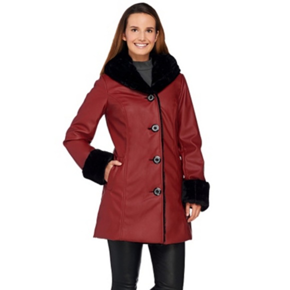 dennis basso Jackets & Blazers - Coat Sale! Faux Leather Coat with Faux Fur Lining